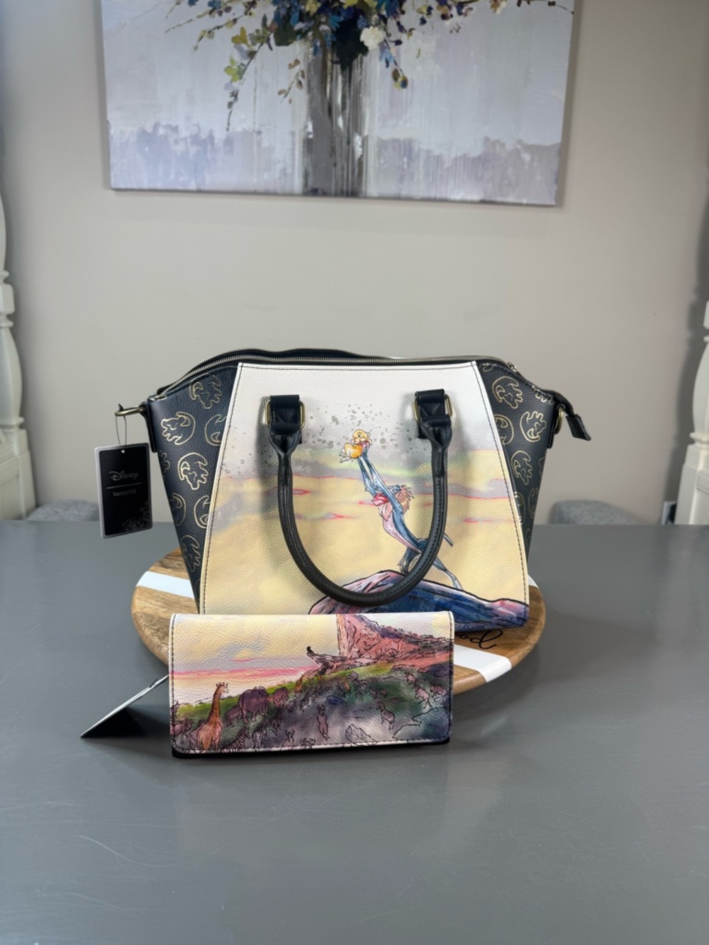 Disney Loungefly Yellow, Black and Cream Printed Satchel w/ Matching Wallet NWT
